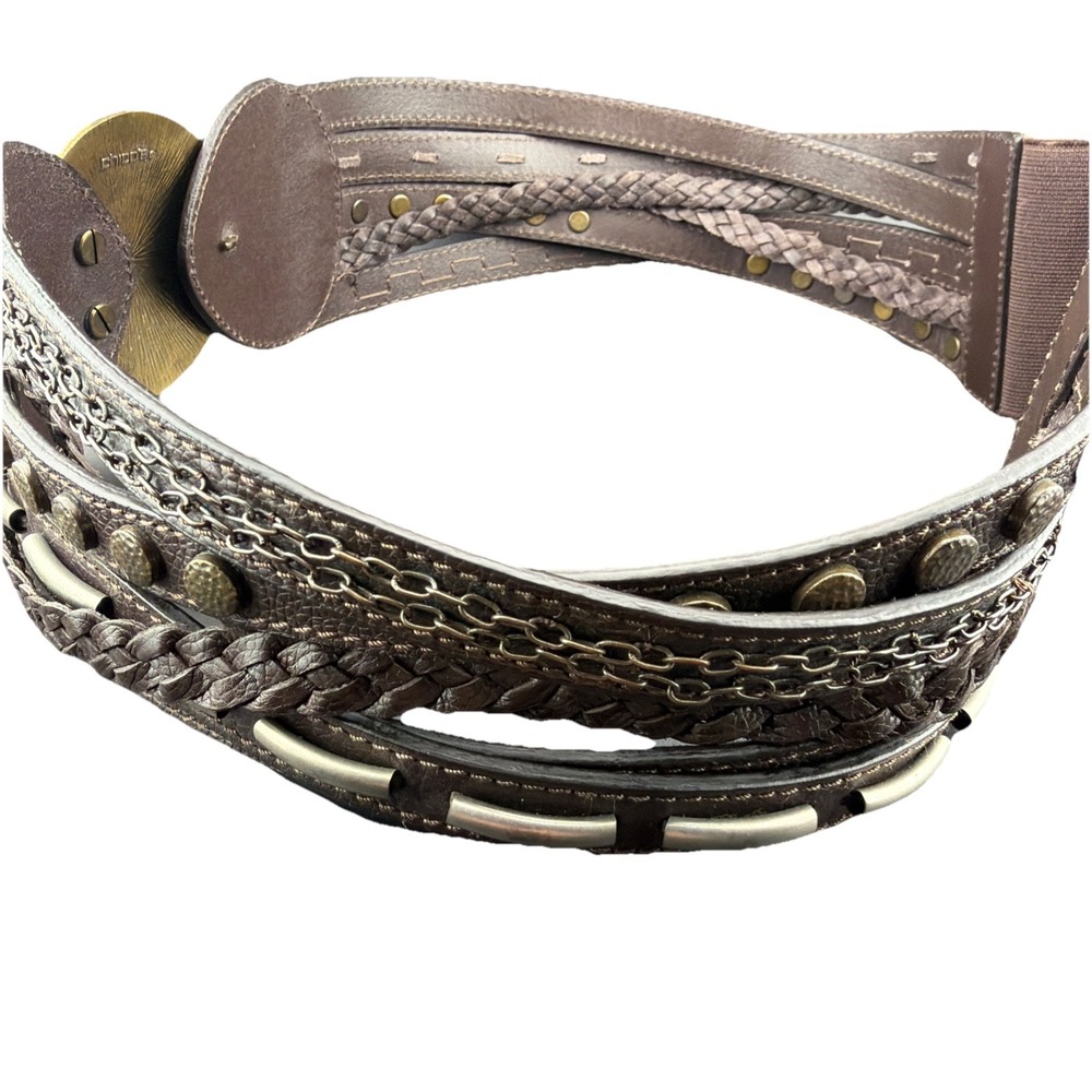 Chicos Faux Leather‎ Dark Brown Wide Braided Studded Belt Fashion Stretch S/M